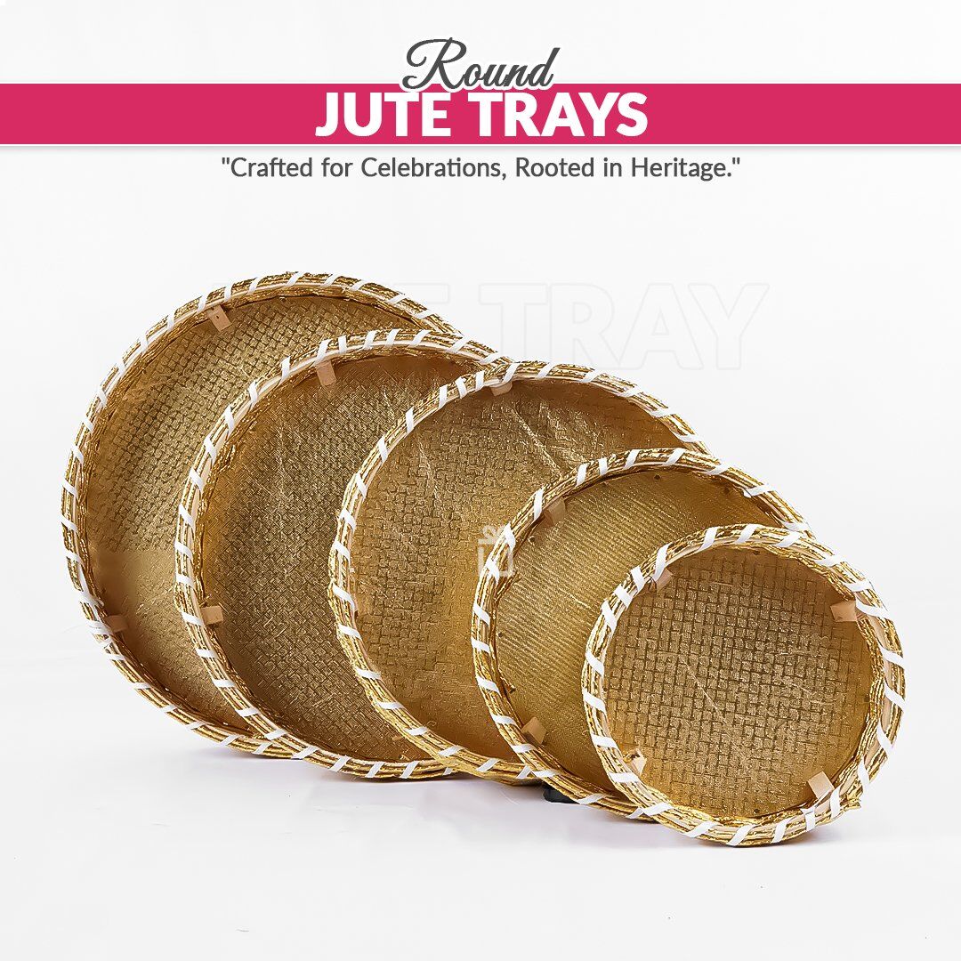 Set Of 5 - Jute Rope Knitted Round Shape Wooden Baskets